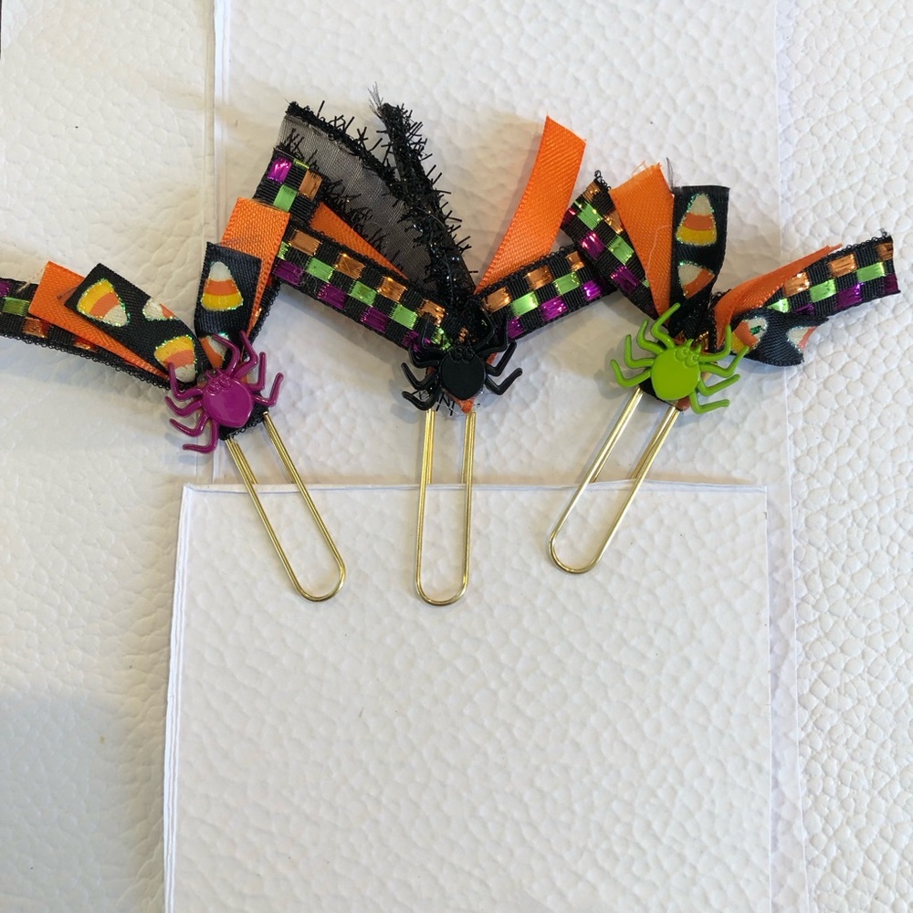 Halloween Spider Ribbon Paperclip Bookmark Set - Orange, Black, Purple, Green